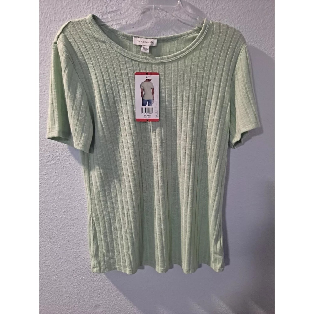 NWT Vintage X America Women's Slub Ribbed Green Tee Crew Neck Large